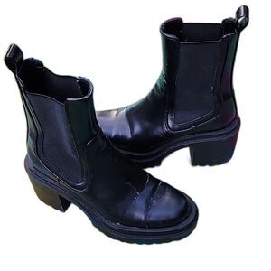 Zara Boots Womens Sz 5.5 US 36 EU Black Leather Chelsea Ankle High Block Heel